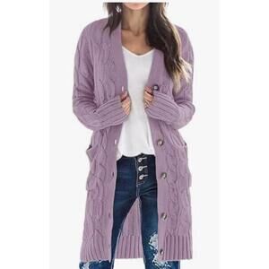 Women Autumn V Neck Elegant Knitted Sweater Button Cardigan. Purple. Pockets L